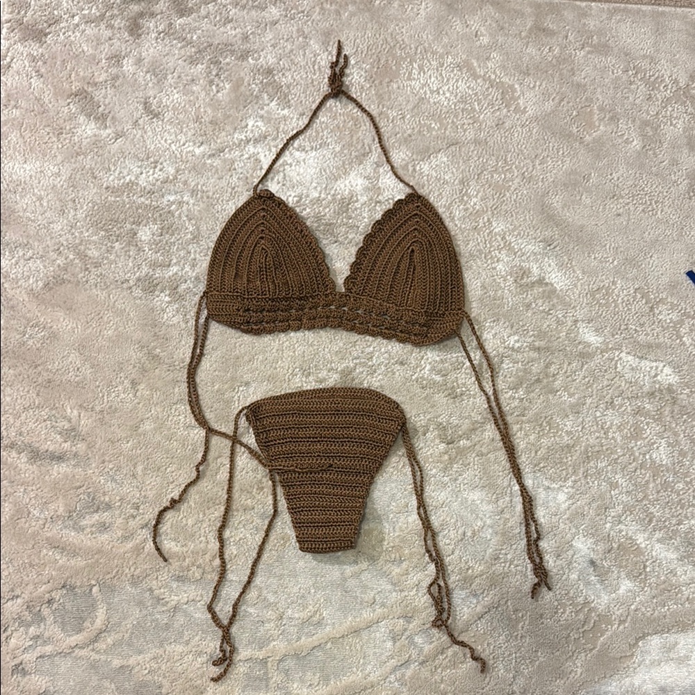 3 pc Brown Crochet Bikini Set